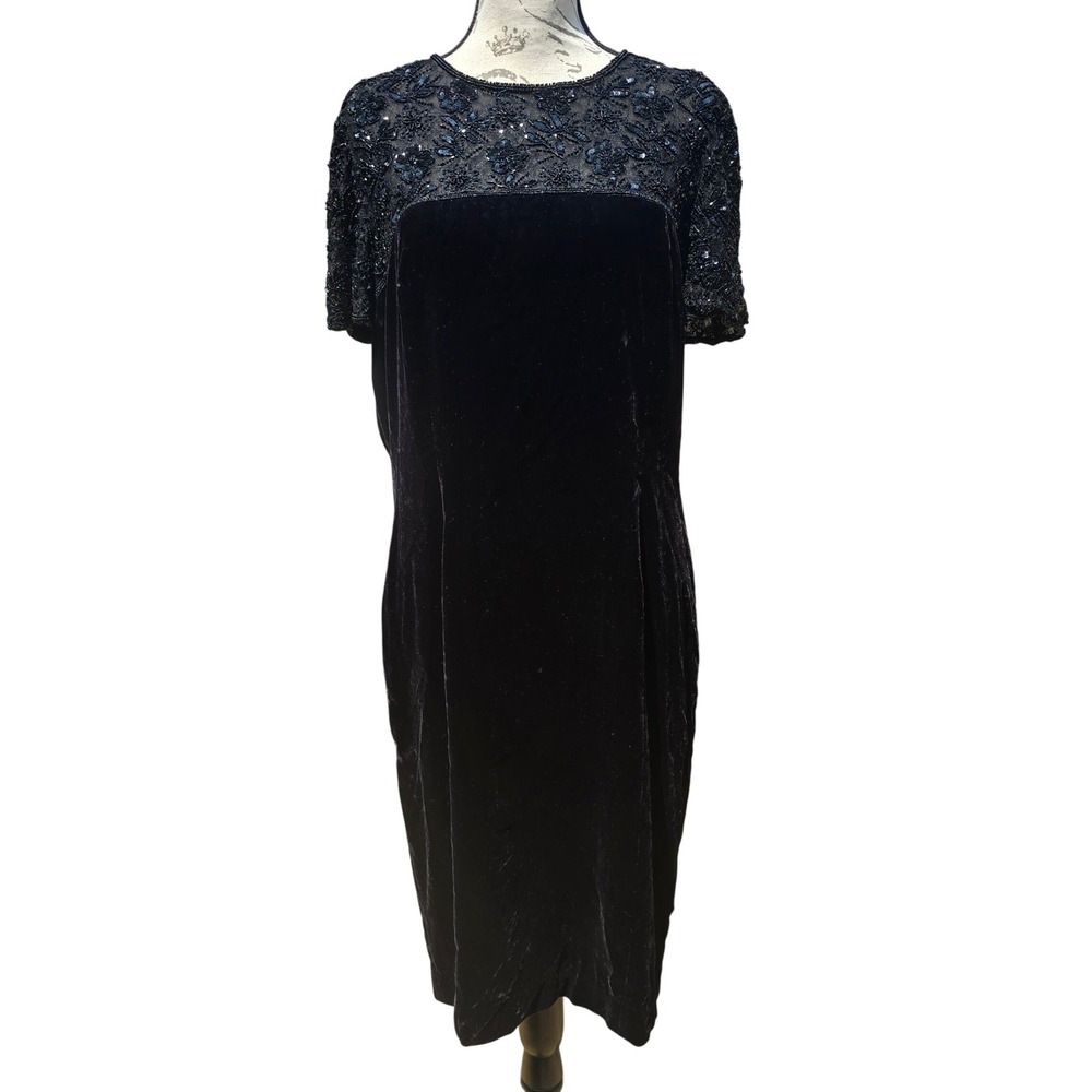 Talbots Vintage Velvet Midi Dress Black Beaded‎ Sequins Cocktail Women's Sz 14